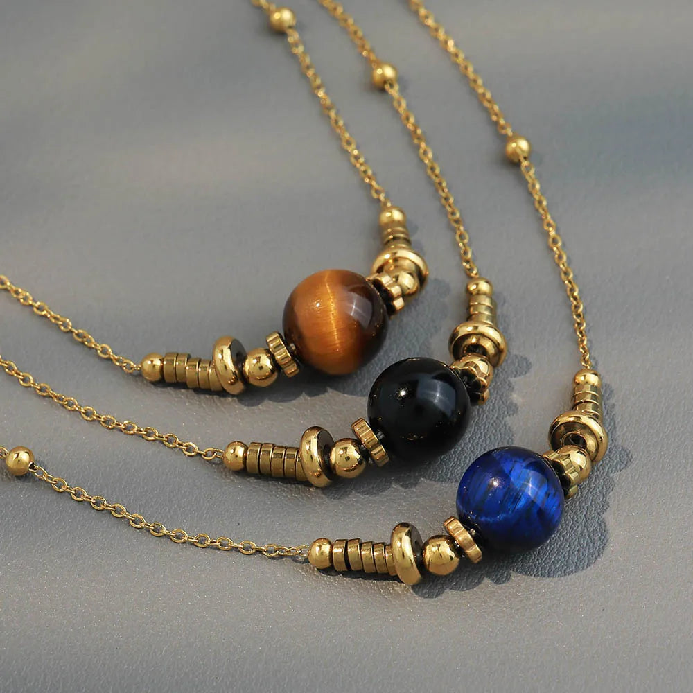 18k Gold Plated Stainless Steel Handmade Natural Agate Beaded Lapis Lazuli Necklace Women