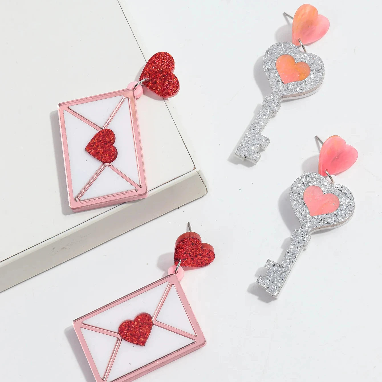 Fashion New Romantic Heart Glitter Key Pink Love Letter Envelope Sweet Girl Valentine's Day Gift Acrylic Drop Earrings Jewelry