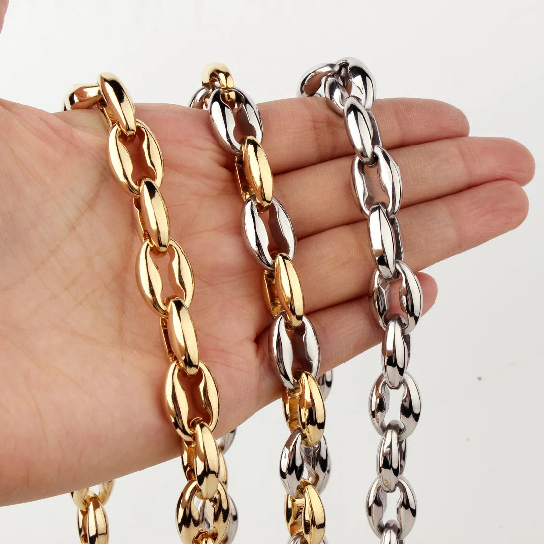 7 Mm/9 Mm/ 11mm  Fashion Hiphop Stainless Steel Coffee Bean Necklace real 18k Gold Plating18-30 Inch