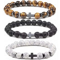 Wholesale Handmade 8mm Natural Stone Tiger Eye Lava Howlite Beads Hematite Cross Gemstone Bracelet for Men and Women