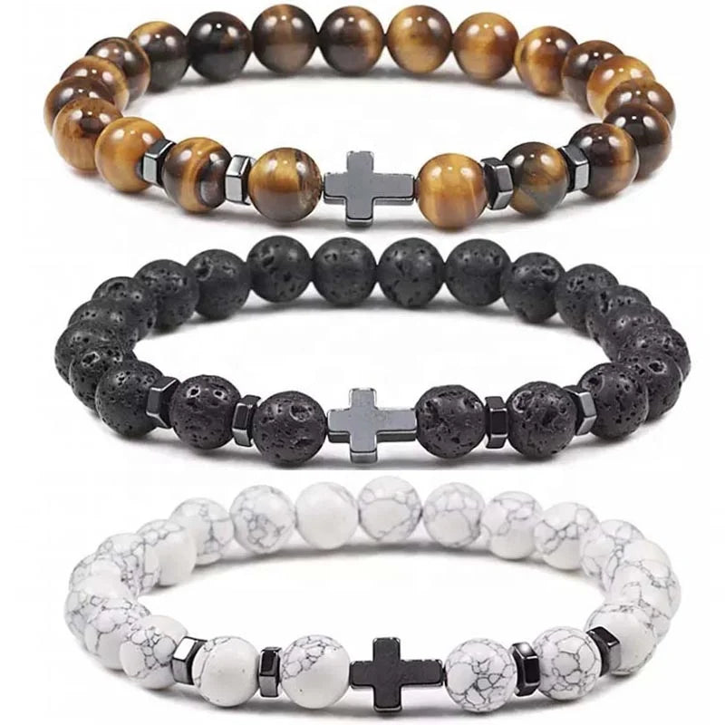 Wholesale Handmade 8mm Natural Stone Tiger Eye Lava Howlite Beads Hematite Cross Gemstone Bracelet for Men and Women