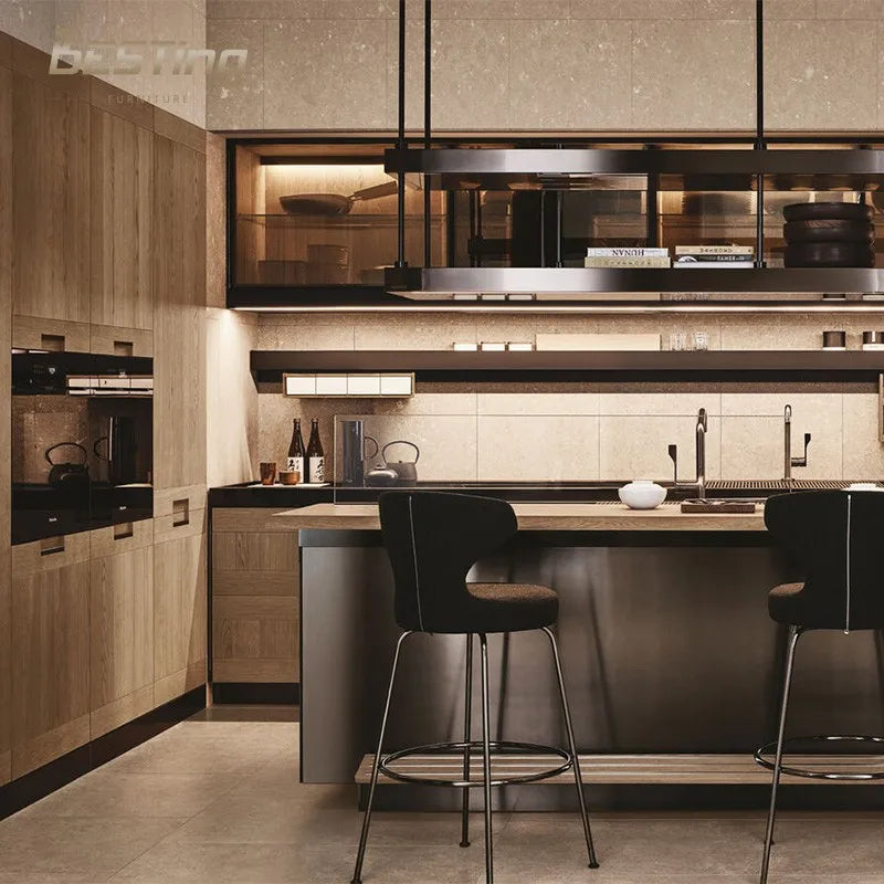Custom Classic Design Stainless Steel Island Countertop Paired with White Oak Kitchen Cabinets