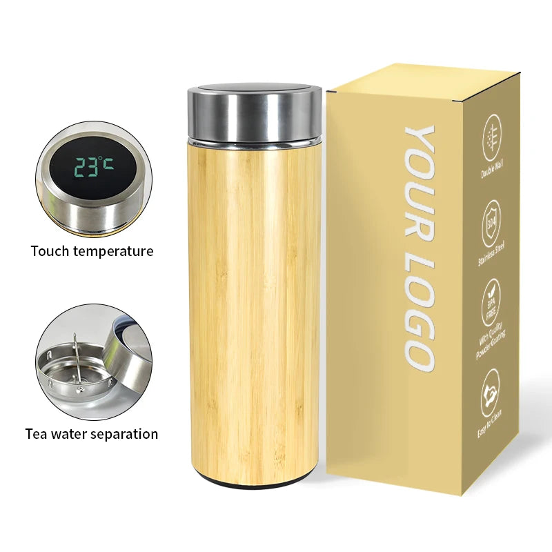 Custom Smart Temperature Bottle Bamboo Shell Cup Stainless Steel Thermal Water Bottle
