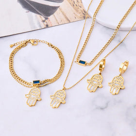 Wholesale 316l Stainless Steel Design Thick Chain Layered Square Zircon Shell Palm Bracelet Necklace Set