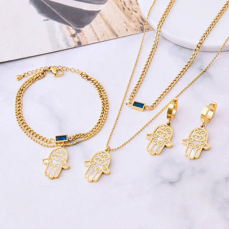 Wholesale 316l Stainless Steel Design Thick Chain Layered Square Zircon Shell Palm Bracelet Necklace Set