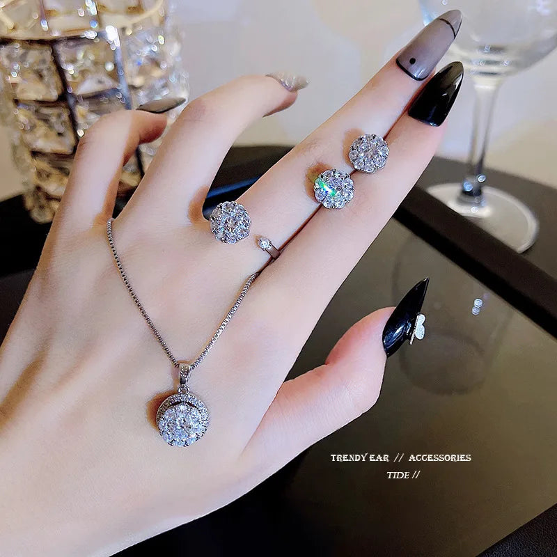 DAIHE Fashion Rotating Zirconia Necklace Earing Rings Set Copper Diamond Jewelry Sets for Women