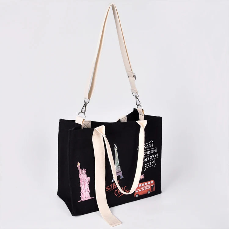 Custom Black Canvas Shoulder Bag with Adjustable Long Strap New Design Letter Pattern Canvas Tote Bag