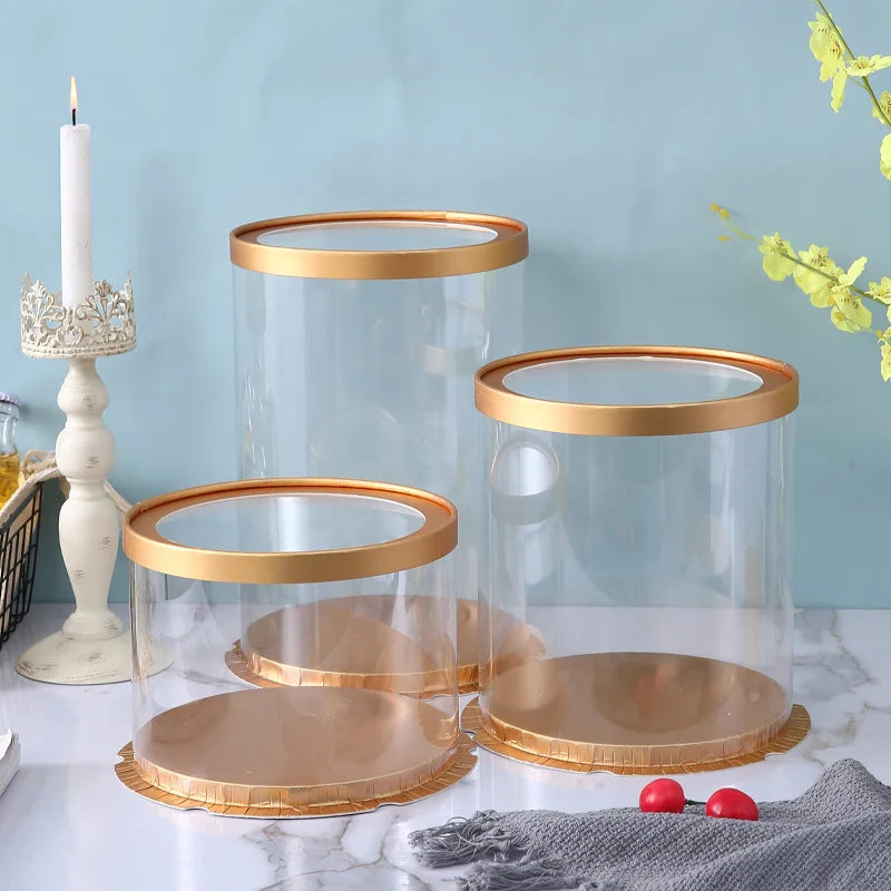 6 Inch Round Transparent Cake Box Plastic Tall Clear Cake Packaging Bakery Gold Wedding Gift Box Food Grade PET