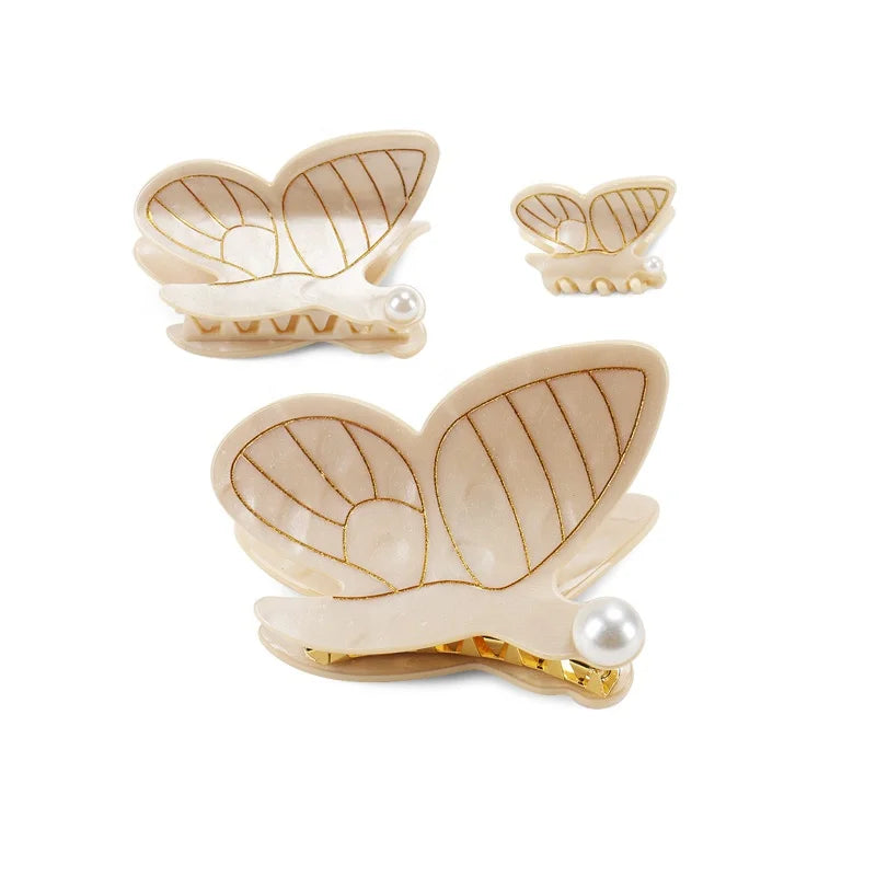 Butterfly Shape Premium Acetate Hair Clip White Pearl Hair Clamps Non Slip Jaw Clips for Hair Women Girls