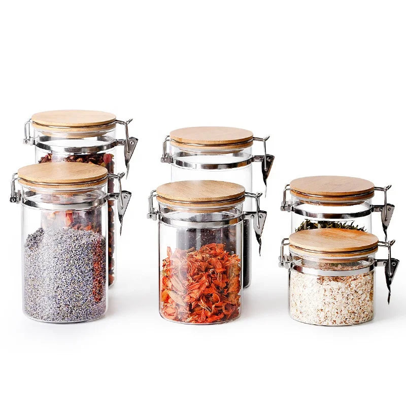 Glass Food Storage Jar with Airtight Seal Bamboo Lid Snap-Fit White Glass Food Storage Canister