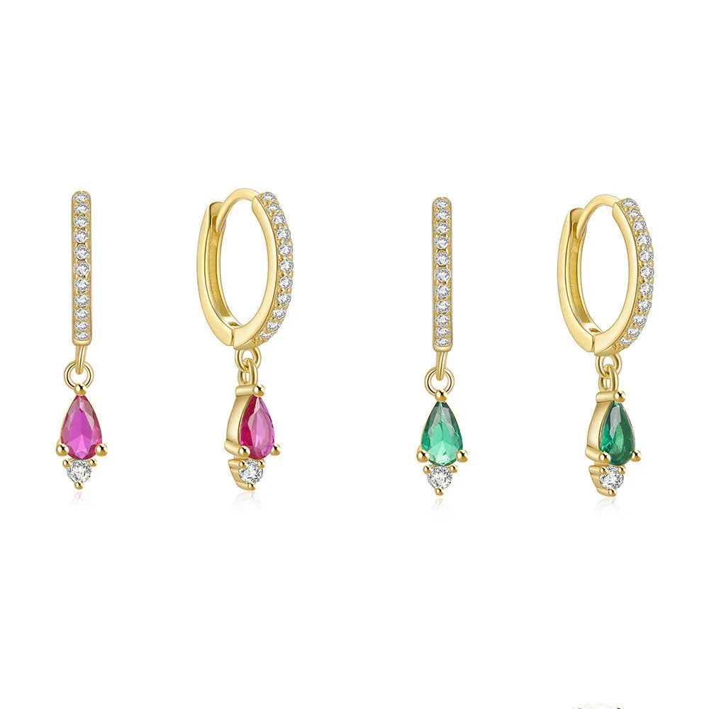 INS 925 Sterling Silver Earrings Colored Water Drop Shaped Zircon Pendant Gold Plated Hoop Earrings for Women