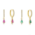INS 925 Sterling Silver Earrings Colored Water Drop Shaped Zircon Pendant Gold Plated Hoop Earrings for Women
