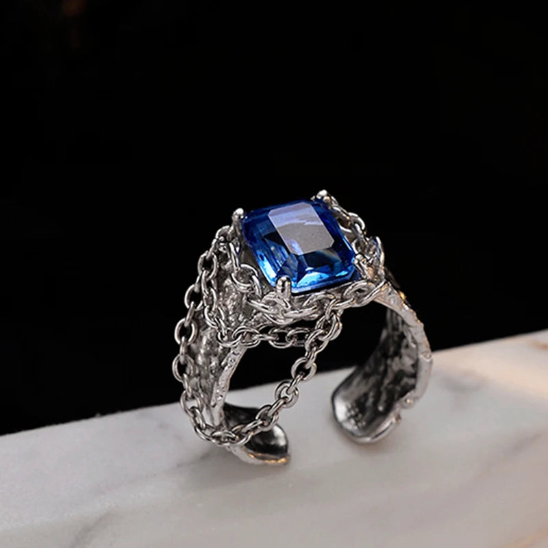 ICEBELA Fashion Jewelry 925 Sterling Silver Western Style Light Luxury Niche Inlaid Tourmaline Female Open Texture Chain Ring