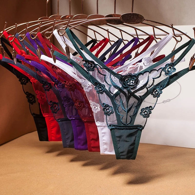 Hot Sexy Lace T Thong Underwear Female Lingerie Transparent Embroidered Lace Briefs Women