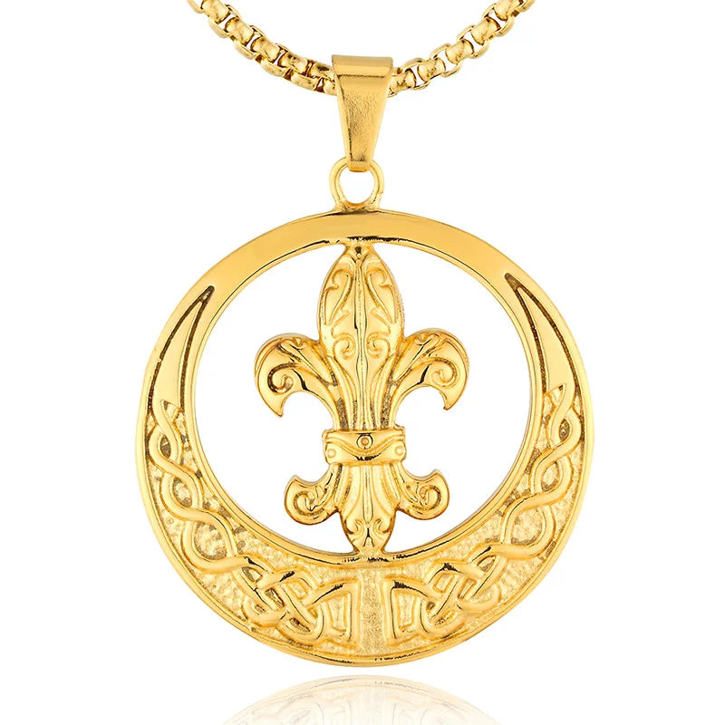 Luxury France Casting Royal Fleur De Lis Stainless Steel Round Flower Pendant for Nobility