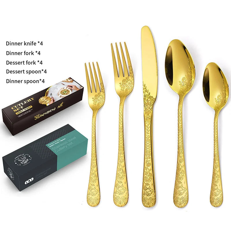 New Stainless Steel Flatware Set Patterned Handle Knife Fork Spoon Silverware 20/40pcs Gold Cutlery Set for Wedding