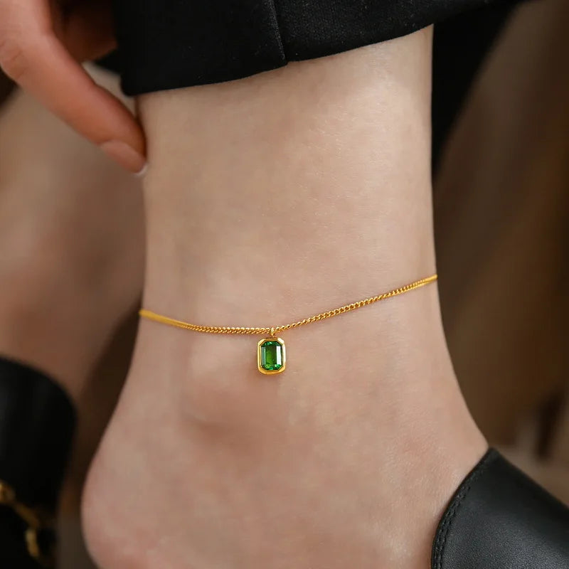 18K Gold Plated Retro Anklet Titanium Steel Foot Jewelry with Square Green Emerald Crystal for Women
