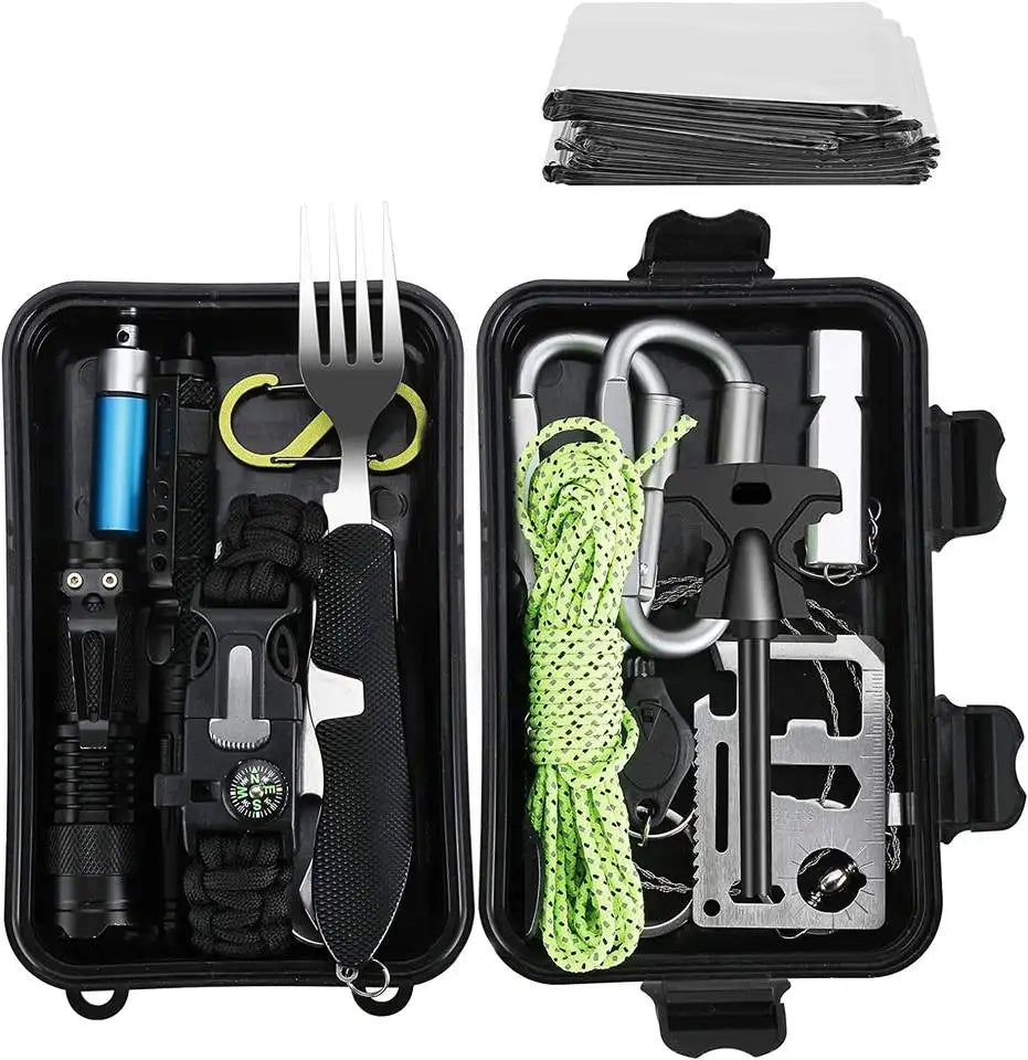Outdoor Survival Kit 20 in 1 with Rope Lifesaving Blanket for Hiking Camping Climbing