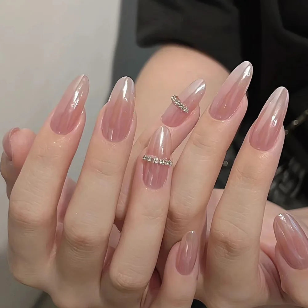 Luxury Gradient Pink White Glitter Almond False Nails Designer Press on Nails Artificial Decorated Fake Nails Supplier