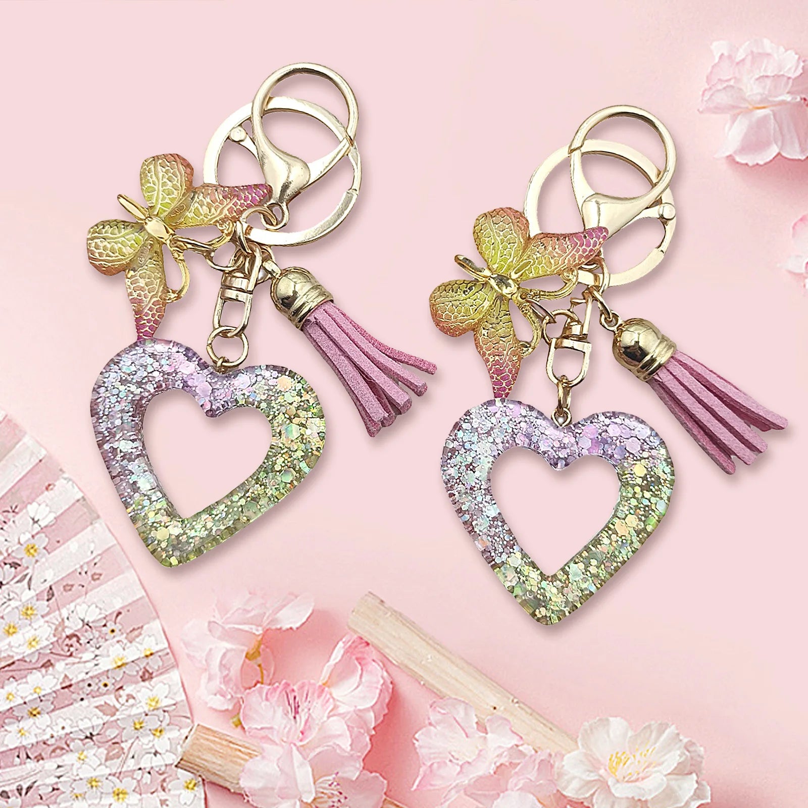 Fashion Resin Hollow Out Heart Keychain Cute Butterfly Tassels Key Ring Pendant Car Keychain Bag Charm Decoration Couple Gifts
