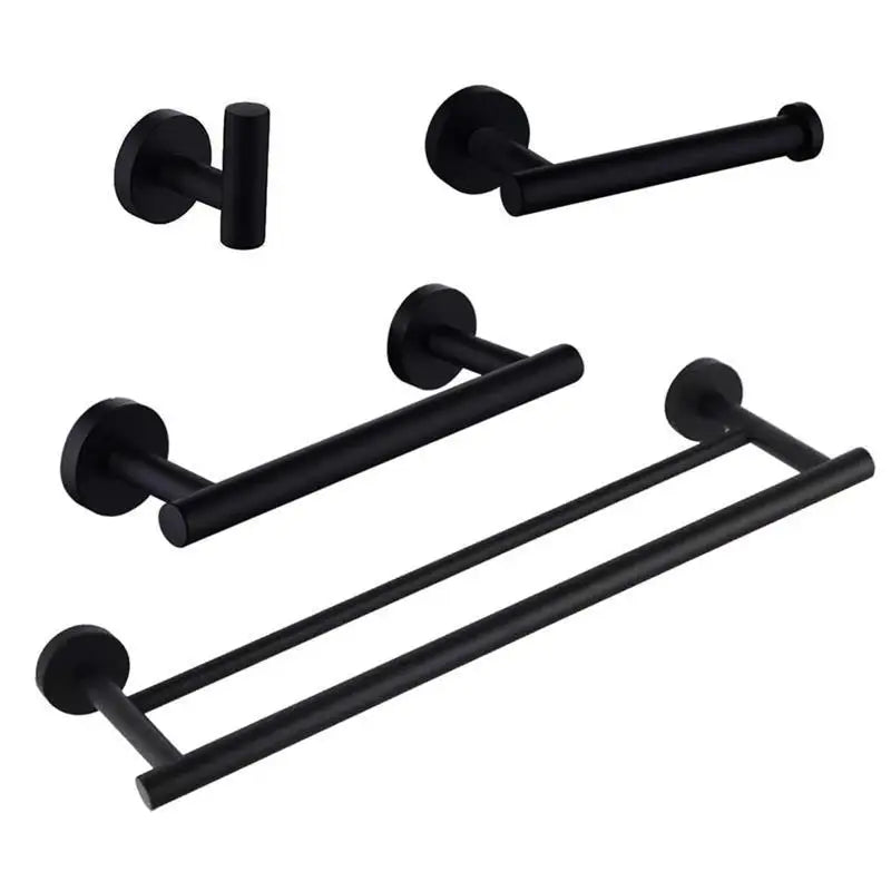 Hot Sales Black Stainless Steel Towel Rack Set Four-Piece Bathroom Hardware Minimalist Design Hotel Bathroom Boxed Set
