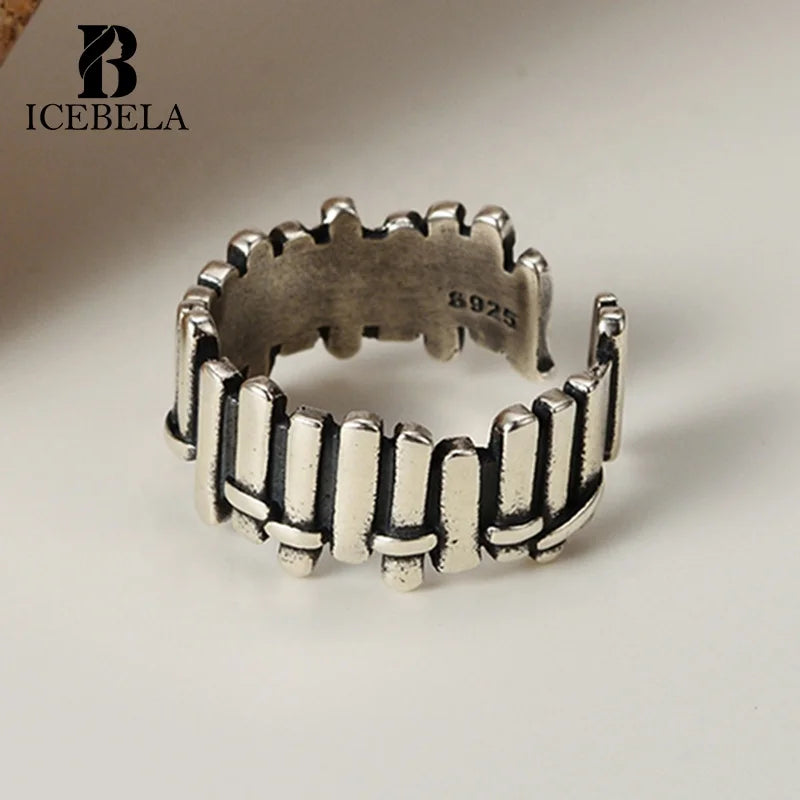 ICEBELA 925 Sterling Silver Vintage Fence Shape Strip Personalized Hiphop Unisex Dainty 925 Silver Vintage Fine Jewelry Rings