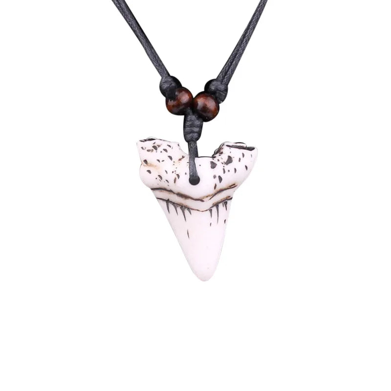 Men's Bone Carved Wooden Beads Rope Travel Souvenir Jewelry Shark Teeth Necklace Pendant Necklace