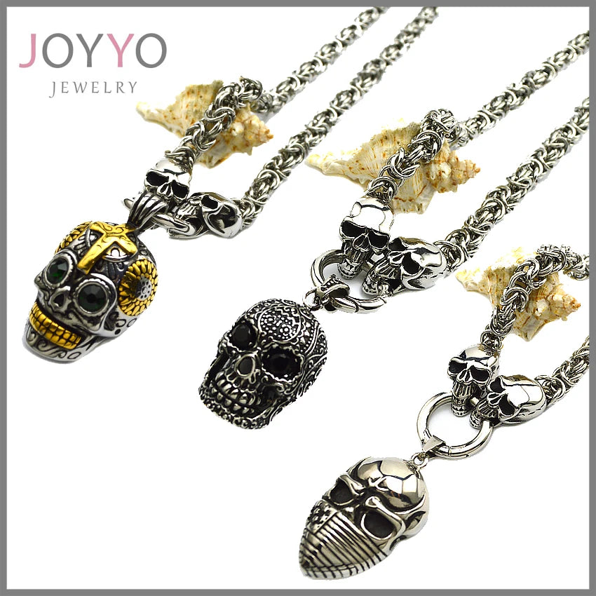 Jewelry Stainless Steel Viking Punk Silver Skull Necklaces Pendant Mens Biker Necklaces Hip Pop Motorista Collar