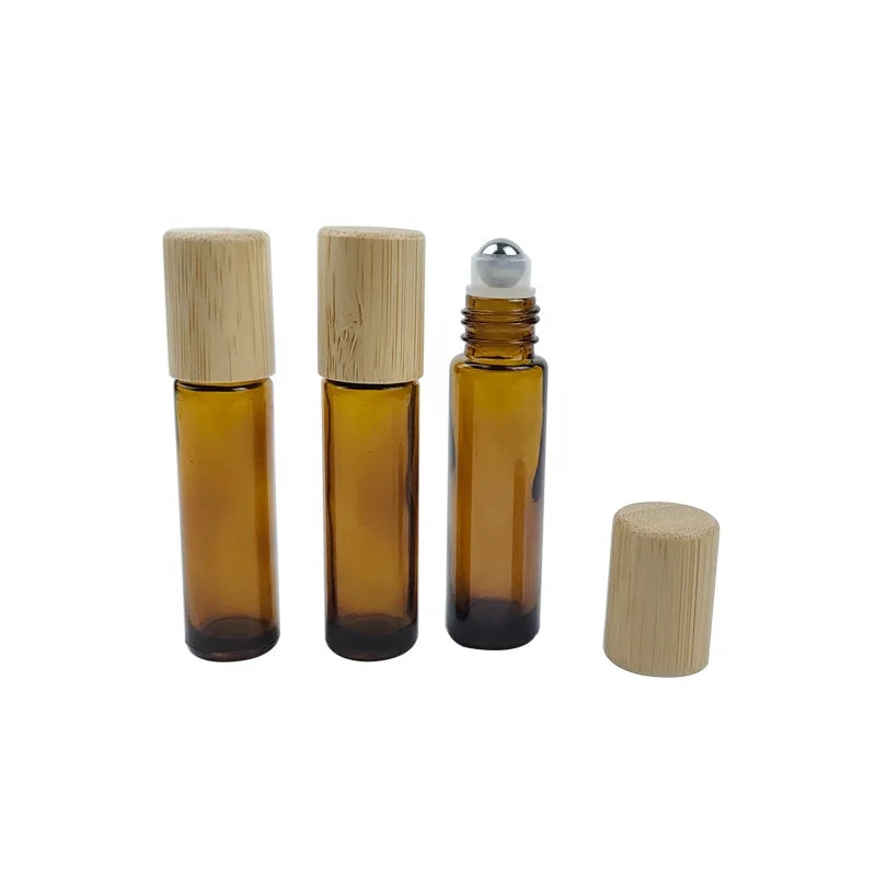Custom Essential Oil Perfume Roller Bottle Cosmetic Package 10ml Refillable Empty Amber Glass Roll on Bottle with Bamboo Cap