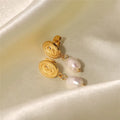SP Elegant Women Fashion Stainless Steel Coin Studs 18K Gold Plated Fresh Water Pearl Dangle Earrings