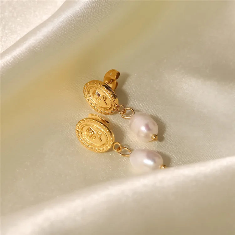 SP Elegant Women Fashion Stainless Steel Coin Studs 18K Gold Plated Fresh Water Pearl Dangle Earrings