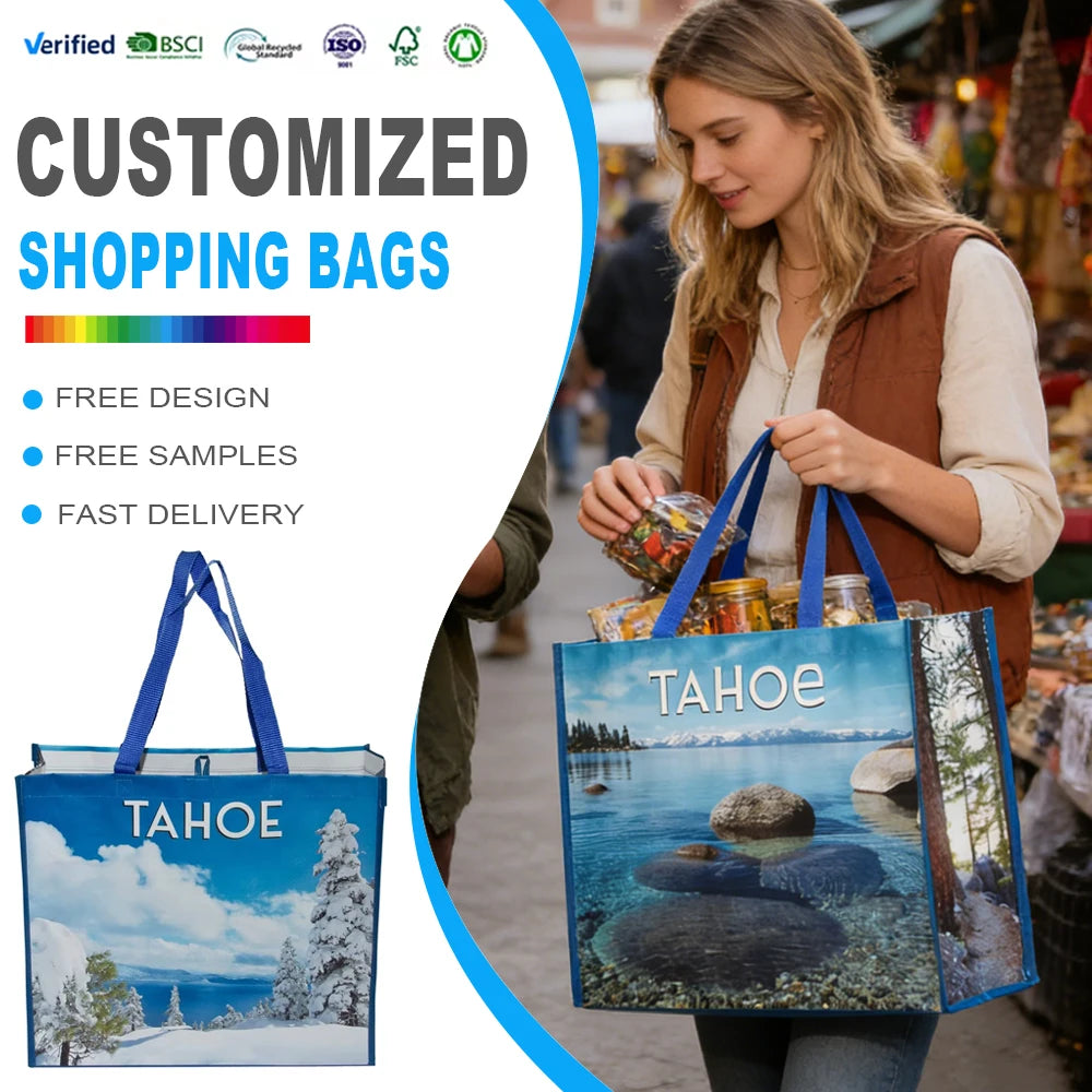Wholesale Promotional Reusable Grocery Bag Custom logo Handle Laminated PP Woven Tote Shopping Bag