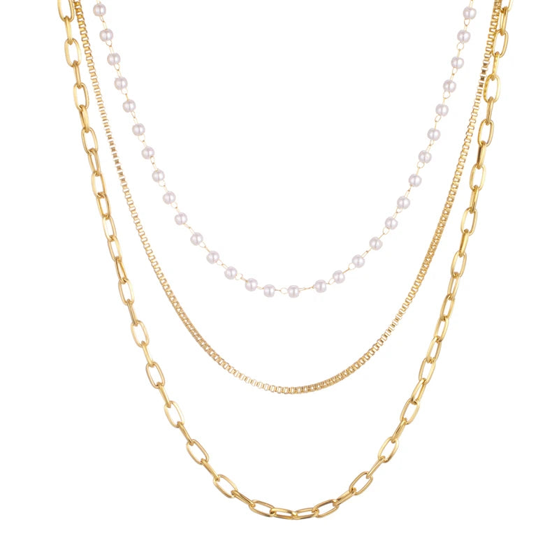 Elegant Stainless Steel 18k Plated 3 Layers Pearl Jewelry Necklaces Women