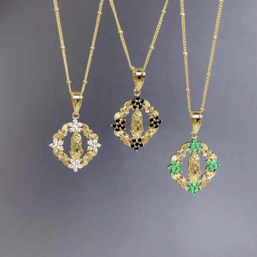Wholesale Custom Crystal Zircon Flower Holy Guadalupe Virgin Mary Pendant Necklace for Women Jewelry
