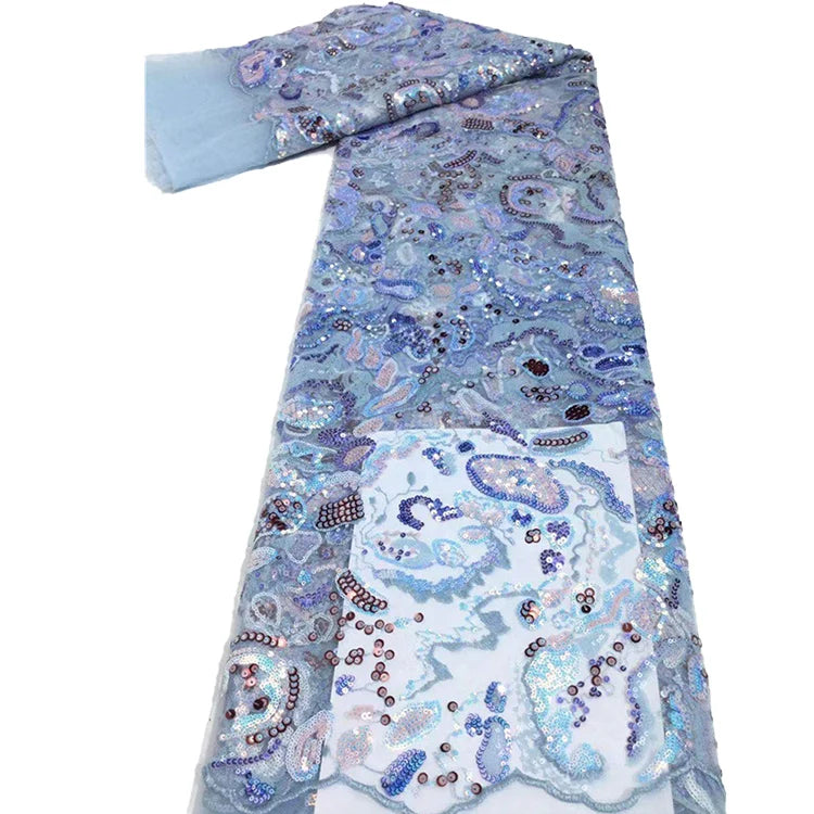 Floral Dress Embroidery Lace Fabrics Clothes Material Blue Sequins Embroidered Lace Fabric