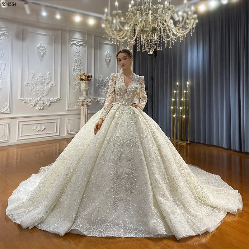 Jancember NS4554 Luxury Crystal Long Bridal Ball Gown Wedding Dresses for Women