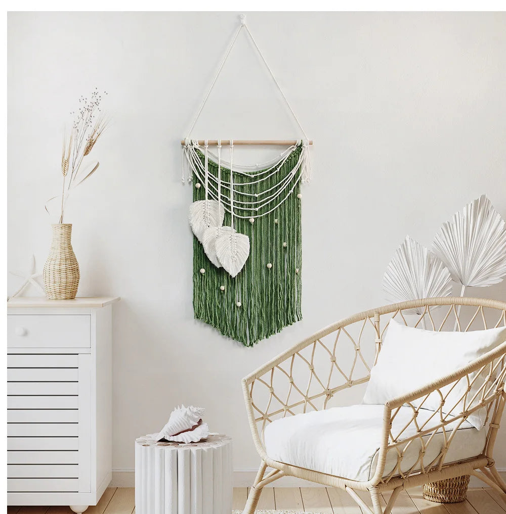 Macrame Leaf Wall Hanging Tapestry With Tassels Hand-Woven Nordic Style Nursery Aesthetic Home Decor Boho Art for Bedroom Decor