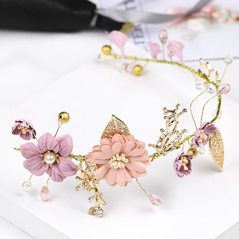 Fashion Temperament Gold  pink Flower Garland  Bride Headband Ladies Bridal Hair Accessories