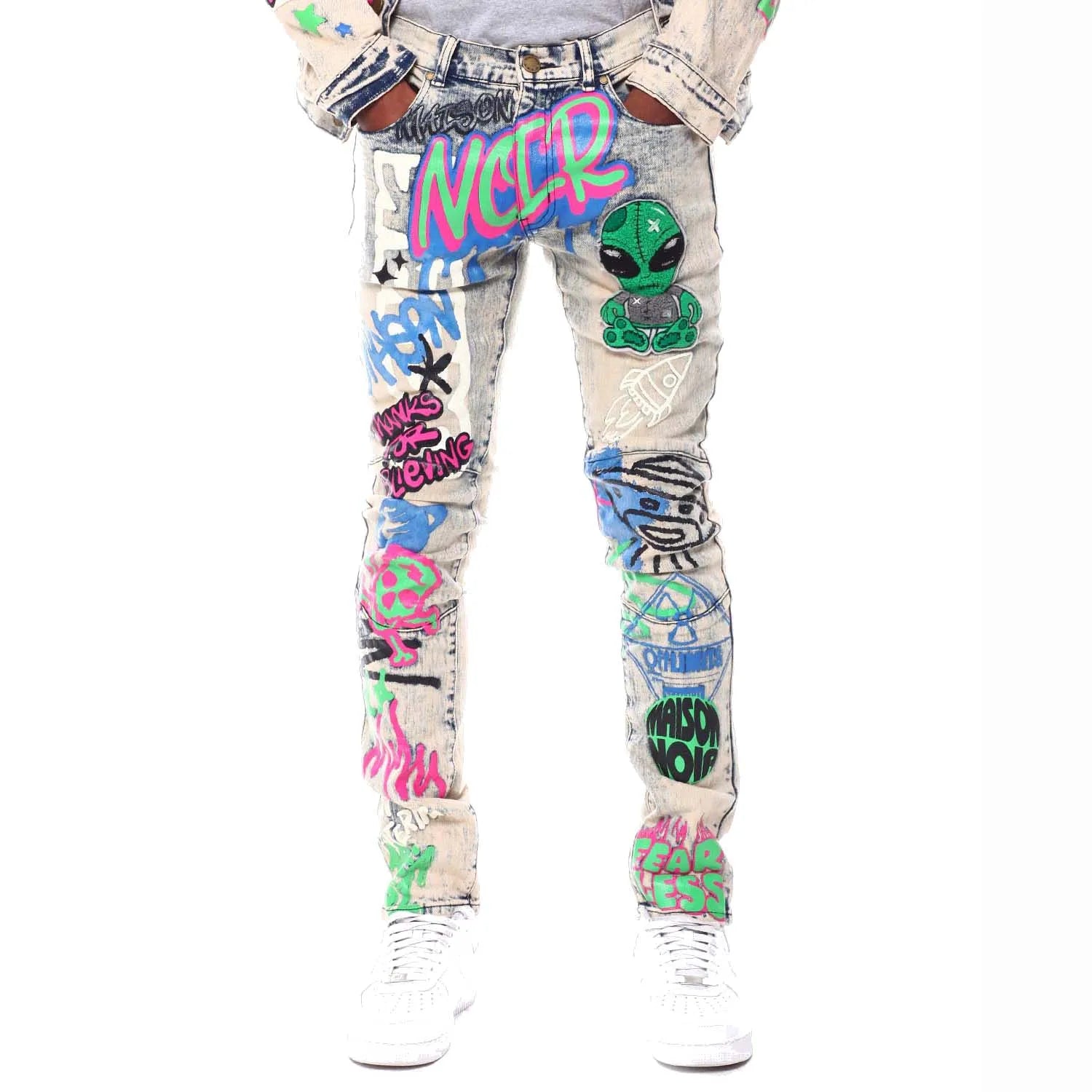 Hotsale AeeDenim Custom Men's DTG Print alien Embroidery Patch Stretch Skinny Fit Distressed Denim Jeans Men Long Pants