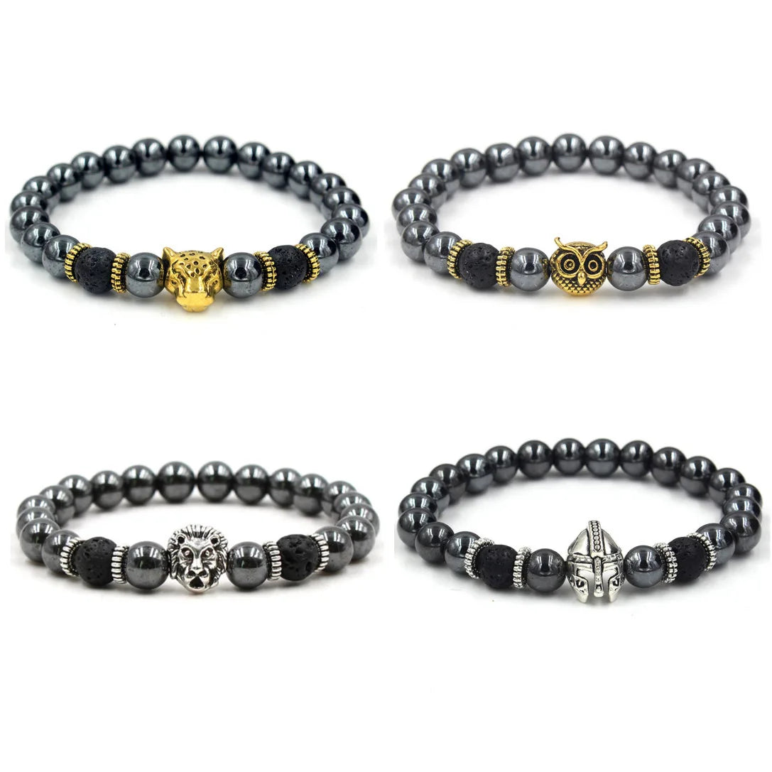 Natural Healing Hematite Men Elastic Bracelet Genuine Lion Leopard Owl Hematite Lava Stone Bracelets for Men Women with Alloy