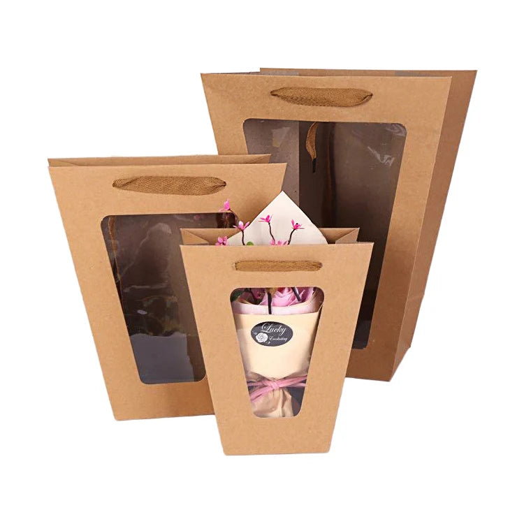 Transparent Window Trapezoid Tote  Flower Bouquet Packaging Window Bag Green Plant Bag Kraft Paper Gift Bag