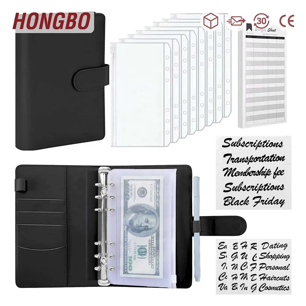 A6 Budget Planner Organizer Bound by 6 Ring Binder Cover with 8Pcs Binder Pockets 24Pcs Expense Budget Sheets & 8Pcs 34 Sticker