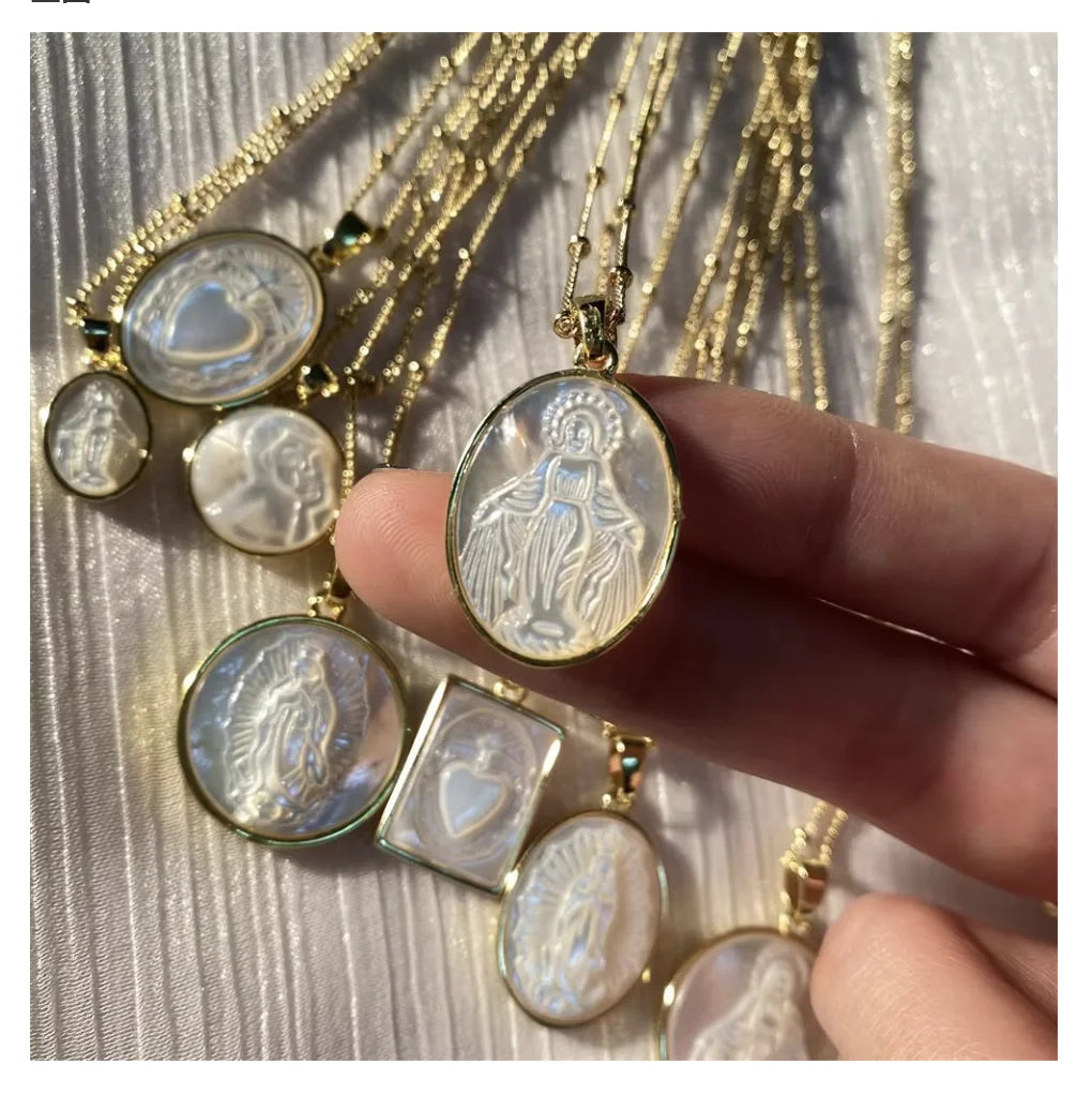 Religious Seashell Pendant Necklace Gold Plated Angel Jesus Virgin Mary Holy Family Necklace