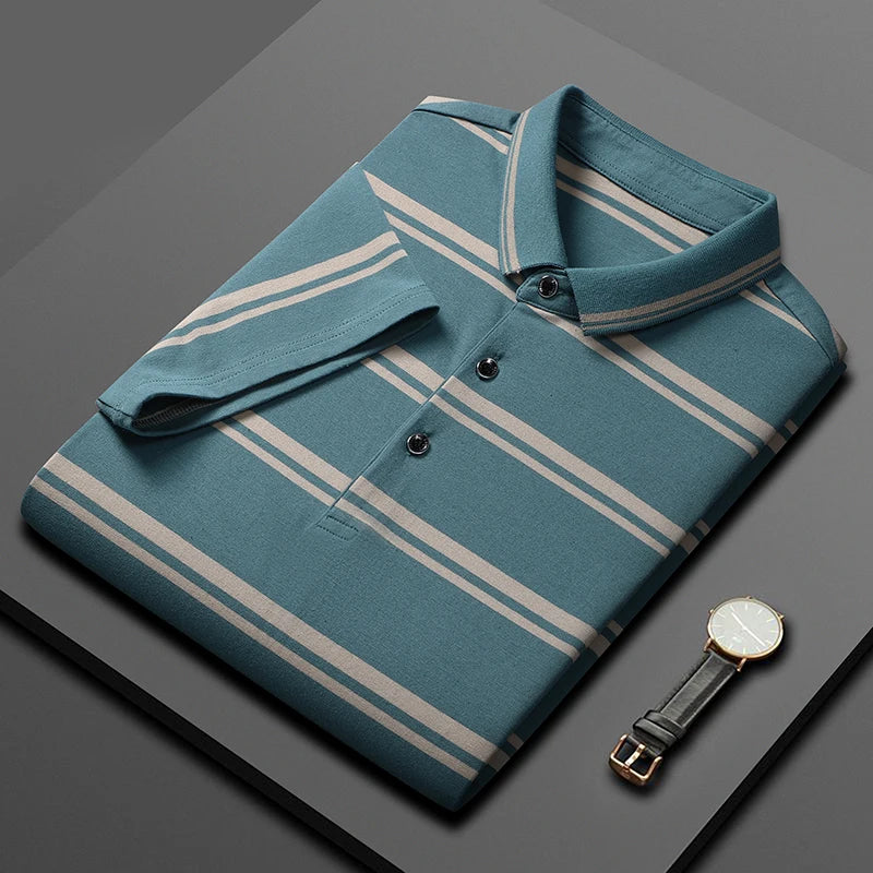 Wholesale Custom of Striped Polo Shirts Men's Summer Ice Silk T-shirts Fashionable Light Luxury Dad's Polo Shirts