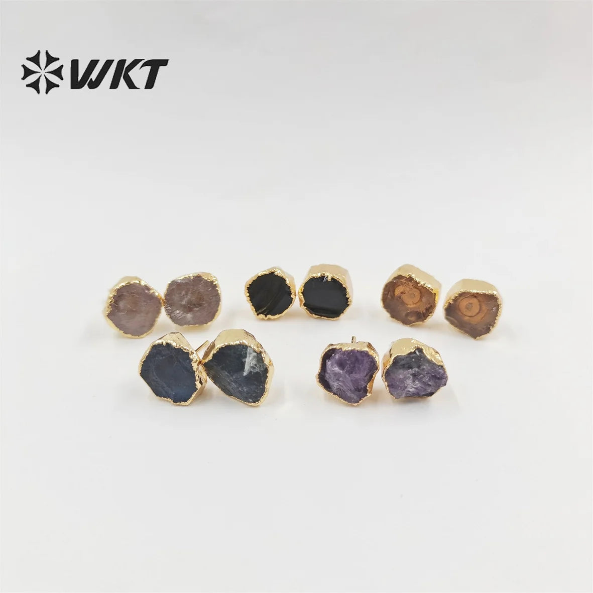 WKT-E673 Women Vintage Bohemian Raw Stone Studs Without Polish Fashion Gold Plated Hand Cut Original Rose Quartz Stone Studs
