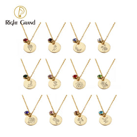 Fashion Stainless Steel Birthstone Necklace Personalized Women Round Charm Birth Month Flower Necklace