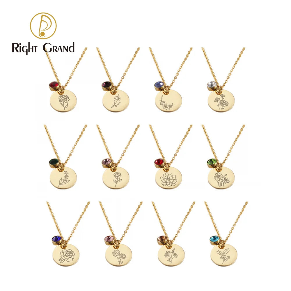 Fashion Stainless Steel Birthstone Necklace Personalized Women Round Charm Birth Month Flower Necklace
