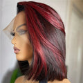 Peruvian Hair Wigs Burgundy Red Highlight Color Virgin Cuticle Aligned Short Bob Swiss HD Lace Frontal Wigs