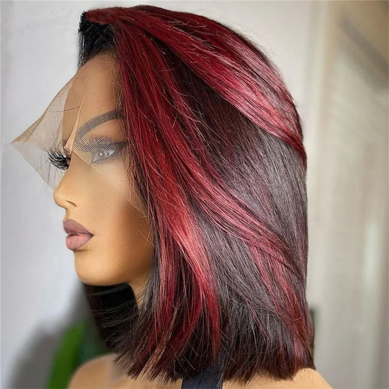 Peruvian Hair Wigs Burgundy Red Highlight Color Virgin Cuticle Aligned Short Bob Swiss HD Lace Frontal Wigs