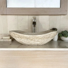 HZX Travertine Chiseled Stone Bathroom Vessel Sink Oval Canoe Shape Natural Marble Hand Carved Marble Vanity Top
